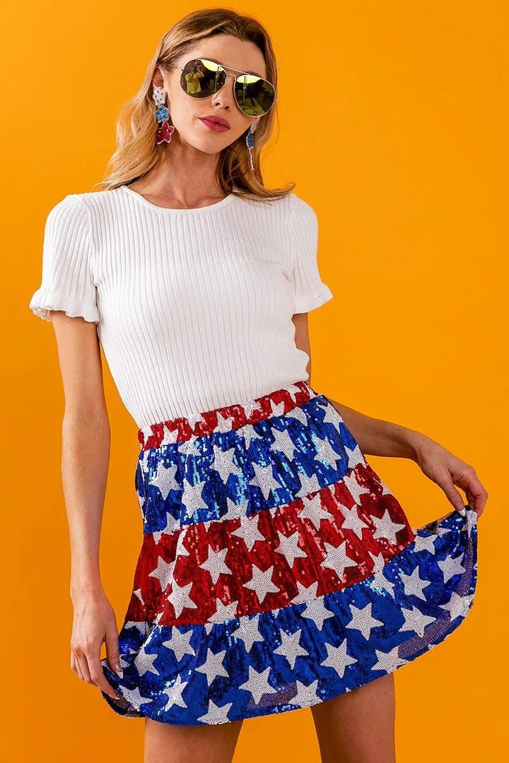 BiBi American Flag Theme Star Sequin Tiered Skirt - VeauBeauty