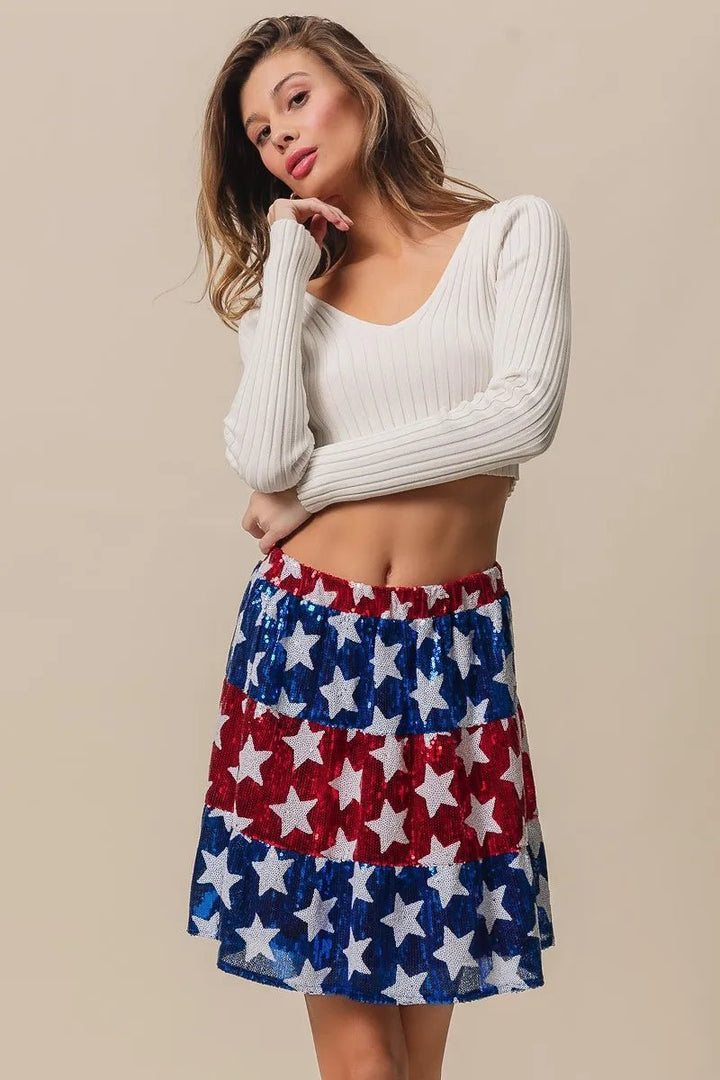 BiBi American Flag Theme Star Sequin Tiered Skirt - VeauBeauty