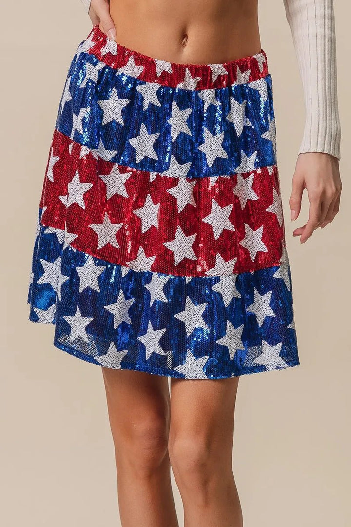 BiBi American Flag Theme Star Sequin Tiered Skirt - VeauBeauty