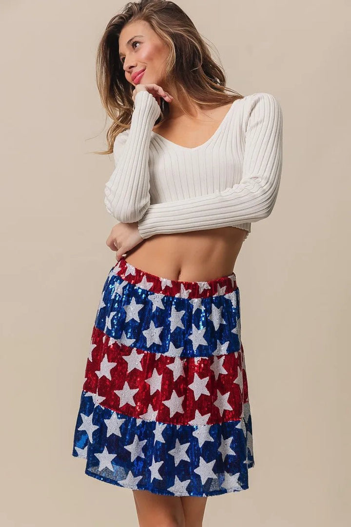 BiBi American Flag Theme Star Sequin Tiered Skirt - VeauBeauty