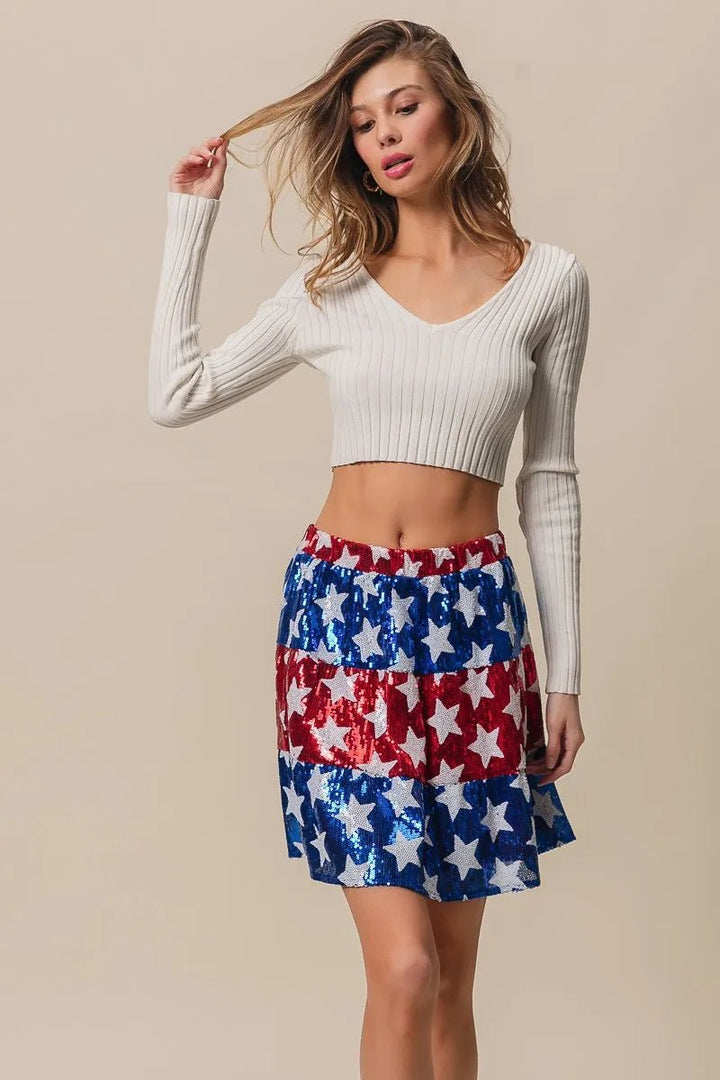 BiBi American Flag Theme Star Sequin Tiered Skirt - VeauBeauty