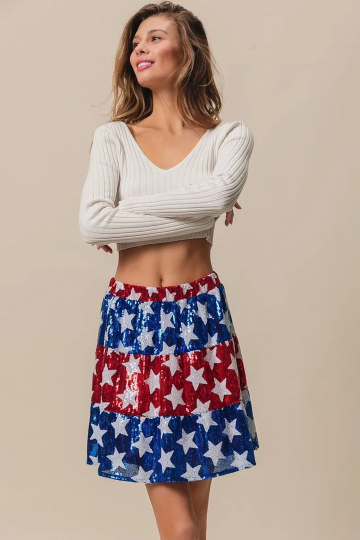 BiBi American Flag Theme Star Sequin Tiered Skirt - VeauBeauty