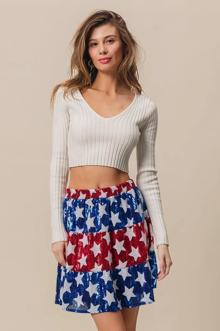 BiBi American Flag Theme Star Sequin Tiered Skirt - VeauBeauty