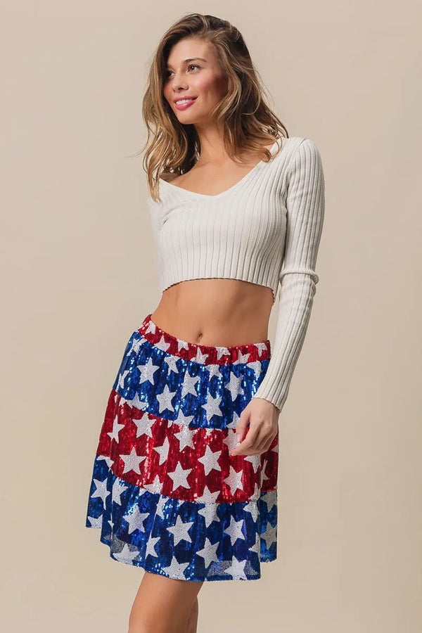 BiBi American Flag Theme Star Sequin Tiered Skirt - VeauBeauty