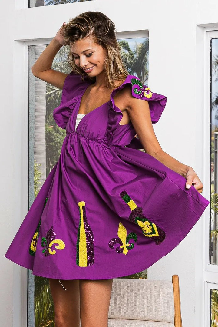 BiBi Mardi Gras Sequin Embroidery Ruffled Dress - VeauBeauty