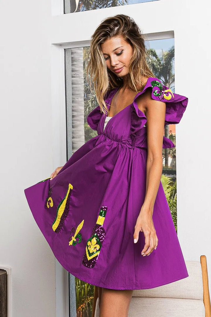 BiBi Mardi Gras Sequin Embroidery Ruffled Dress - VeauBeauty