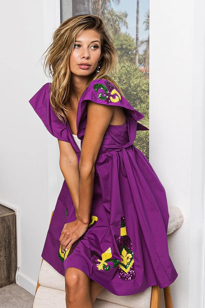 BiBi Mardi Gras Sequin Embroidery Ruffled Dress - VeauBeauty
