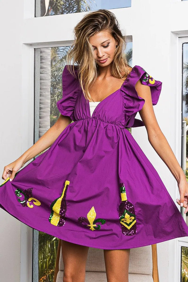 BiBi Mardi Gras Sequin Embroidery Ruffled Dress - VeauBeauty