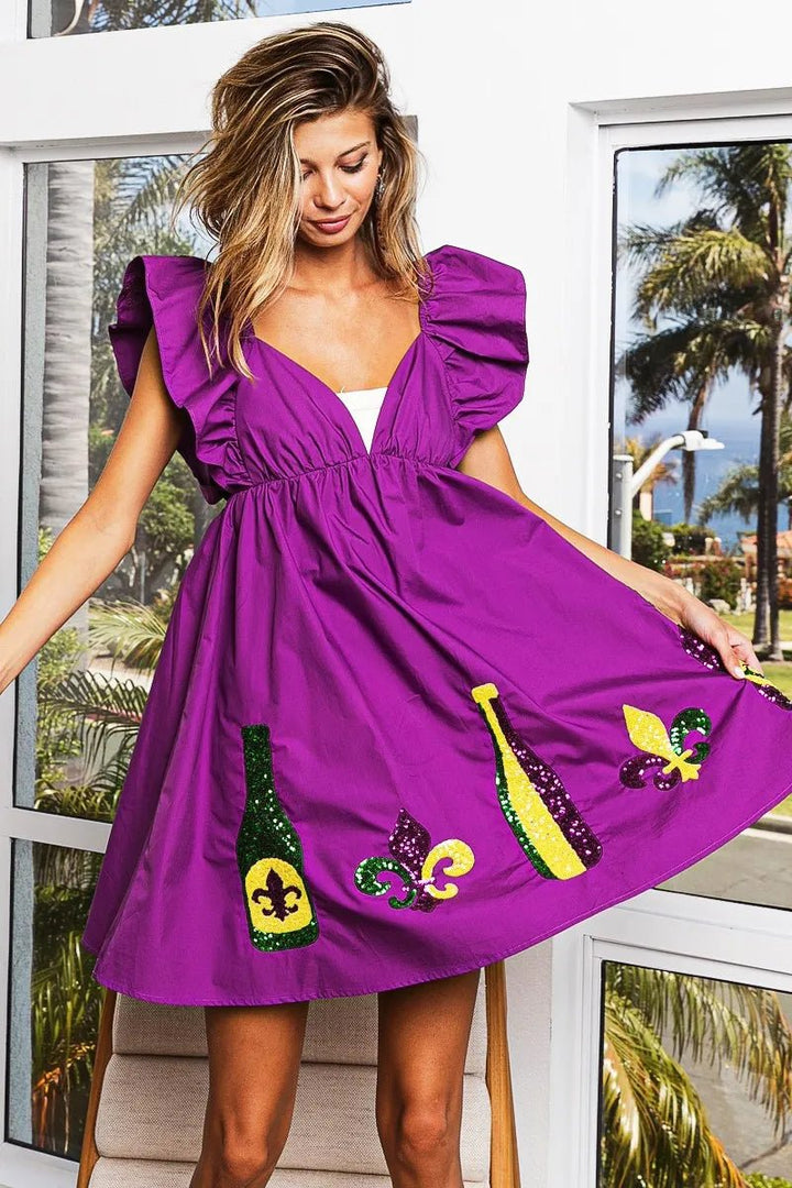 BiBi Mardi Gras Sequin Embroidery Ruffled Dress - VeauBeauty