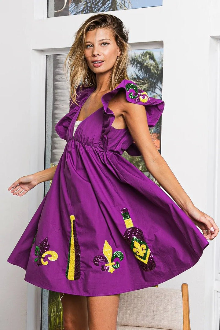 BiBi Mardi Gras Sequin Embroidery Ruffled Dress - VeauBeauty