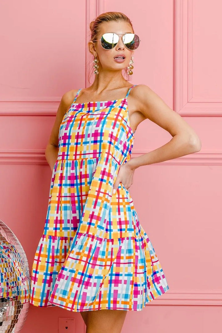 BiBi Multi Colors Plaid Sleeveless Sun Dress - VeauBeauty