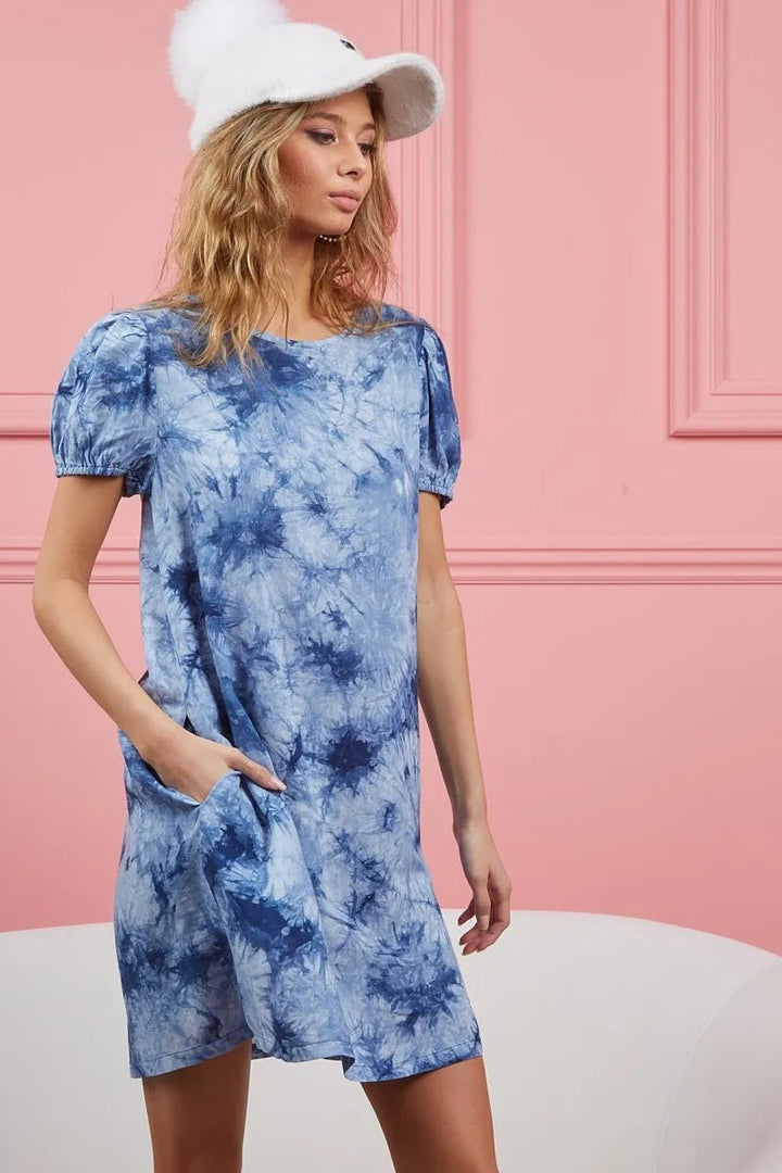 BiBi Puff Sleeve With Side Pockets Tie Dye Dress - VeauBeauty
