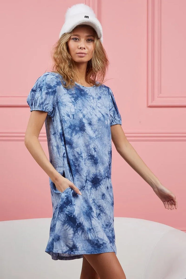 BiBi Puff Sleeve With Side Pockets Tie Dye Dress - VeauBeauty