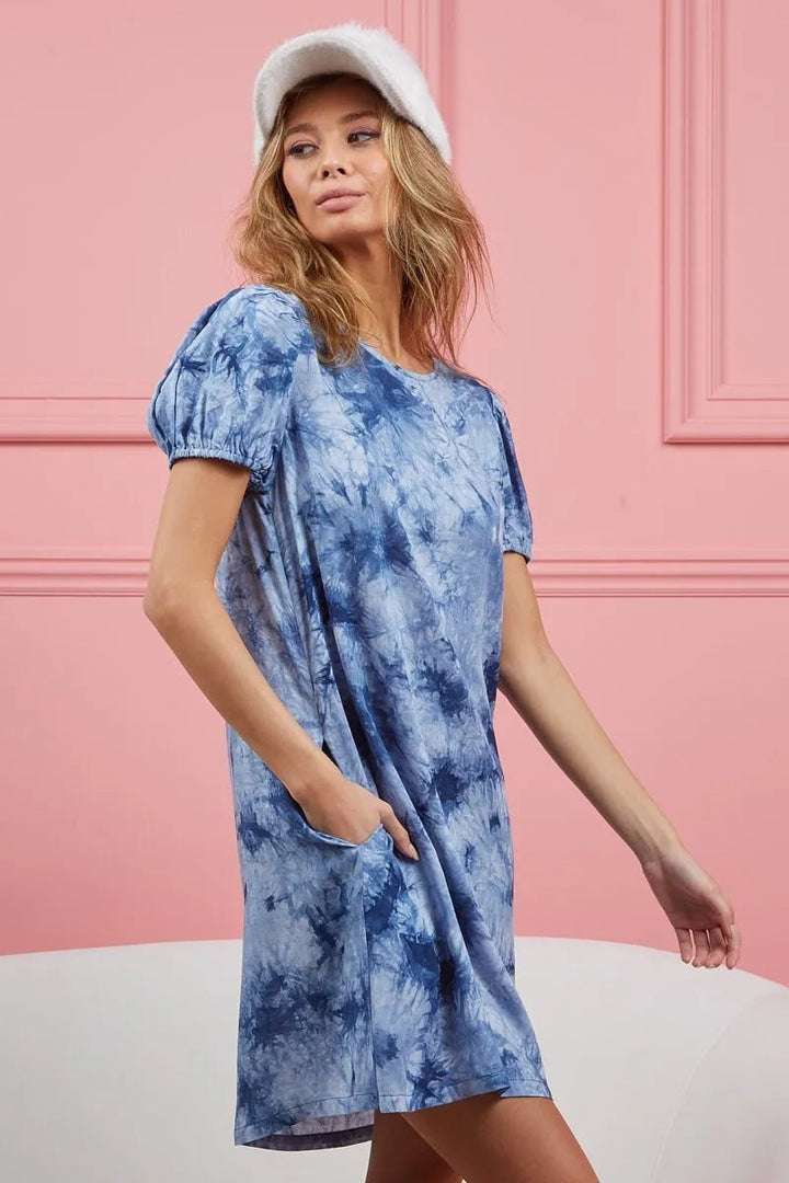 BiBi Puff Sleeve With Side Pockets Tie Dye Dress - VeauBeauty