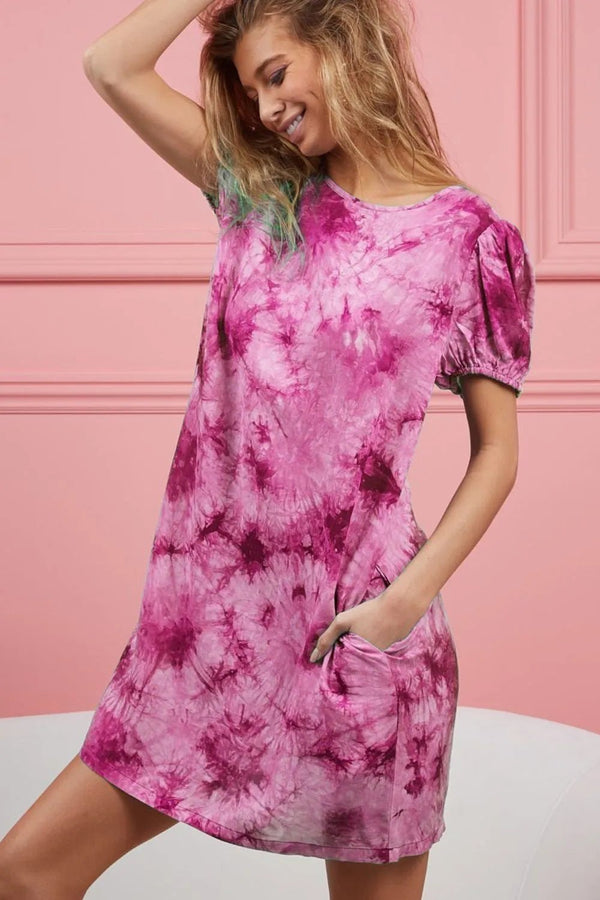 BiBi Puff Sleeve With Side Pockets Tie Dye Dress - VeauBeauty