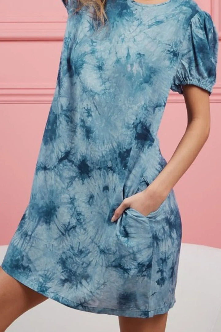 BiBi Puff Sleeve With Side Pockets Tie Dye Dress - VeauBeauty