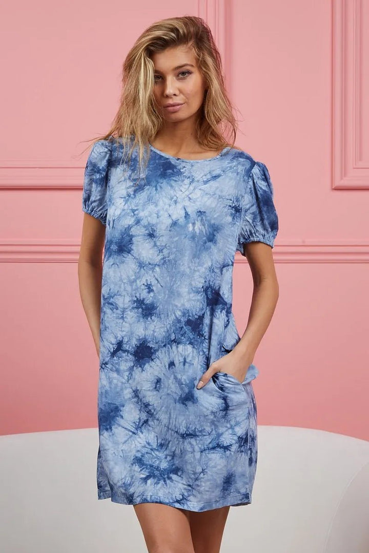 BiBi Puff Sleeve With Side Pockets Tie Dye Dress - VeauBeauty