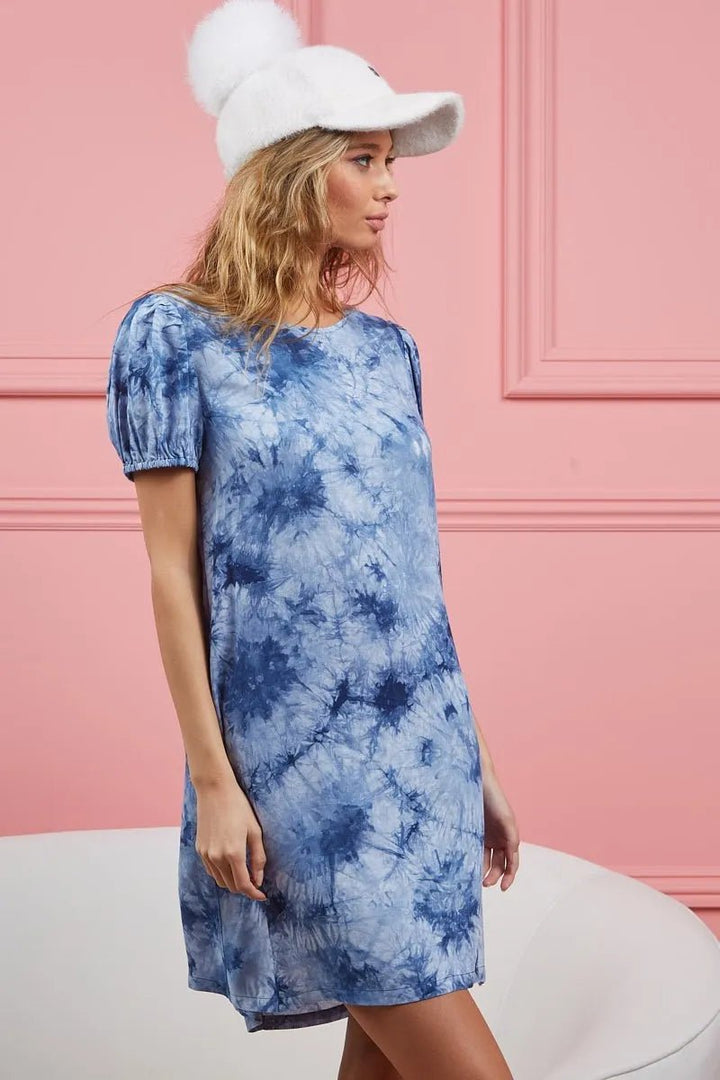 BiBi Puff Sleeve With Side Pockets Tie Dye Dress - VeauBeauty