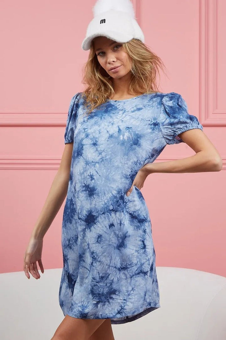 BiBi Puff Sleeve With Side Pockets Tie Dye Dress - VeauBeauty