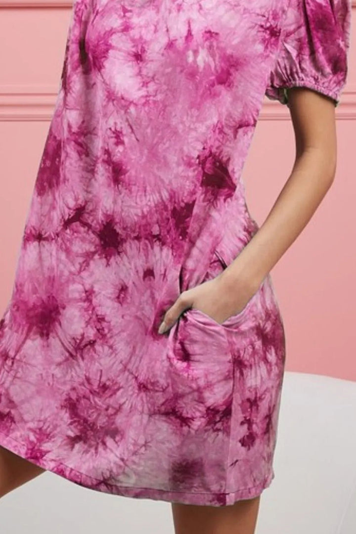 BiBi Puff Sleeve With Side Pockets Tie Dye Dress - VeauBeauty