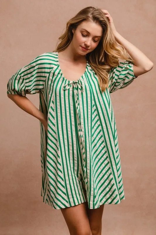BiBi Puffy Sleeves Romper with Back Button Closure - VeauBeauty
