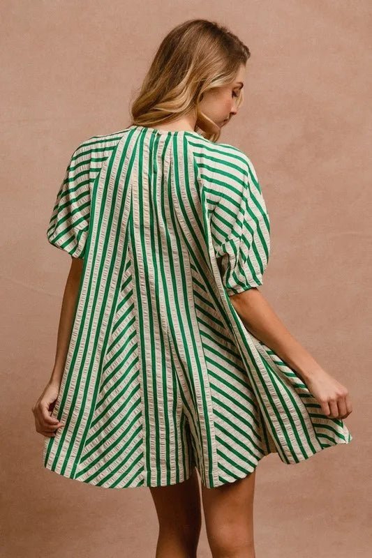 BiBi Puffy Sleeves Romper with Back Button Closure - VeauBeauty