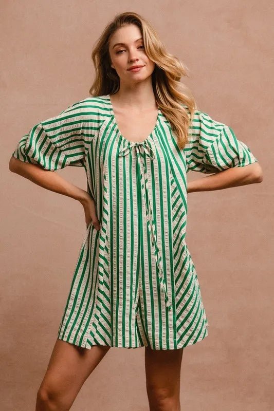 BiBi Puffy Sleeves Romper with Back Button Closure - VeauBeauty