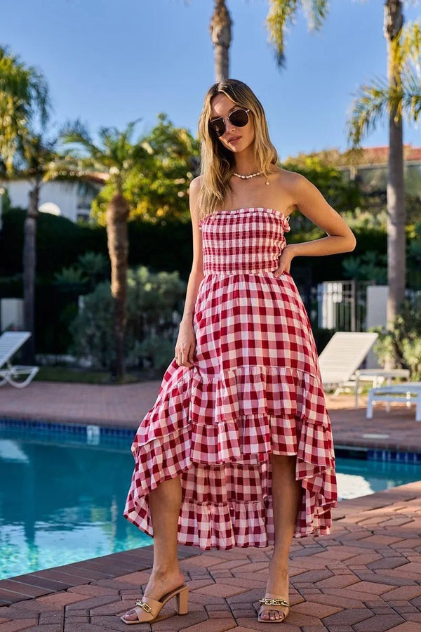 BiBi Smocked Body Off Shoulder Check Dress - VeauBeauty