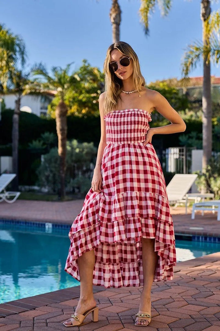 BiBi Smocked Body Off Shoulder Check Dress - VeauBeauty