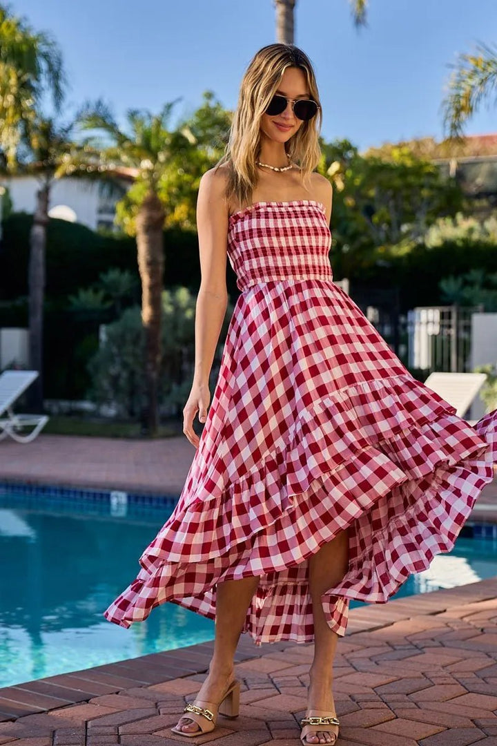 BiBi Smocked Body Off Shoulder Check Dress - VeauBeauty