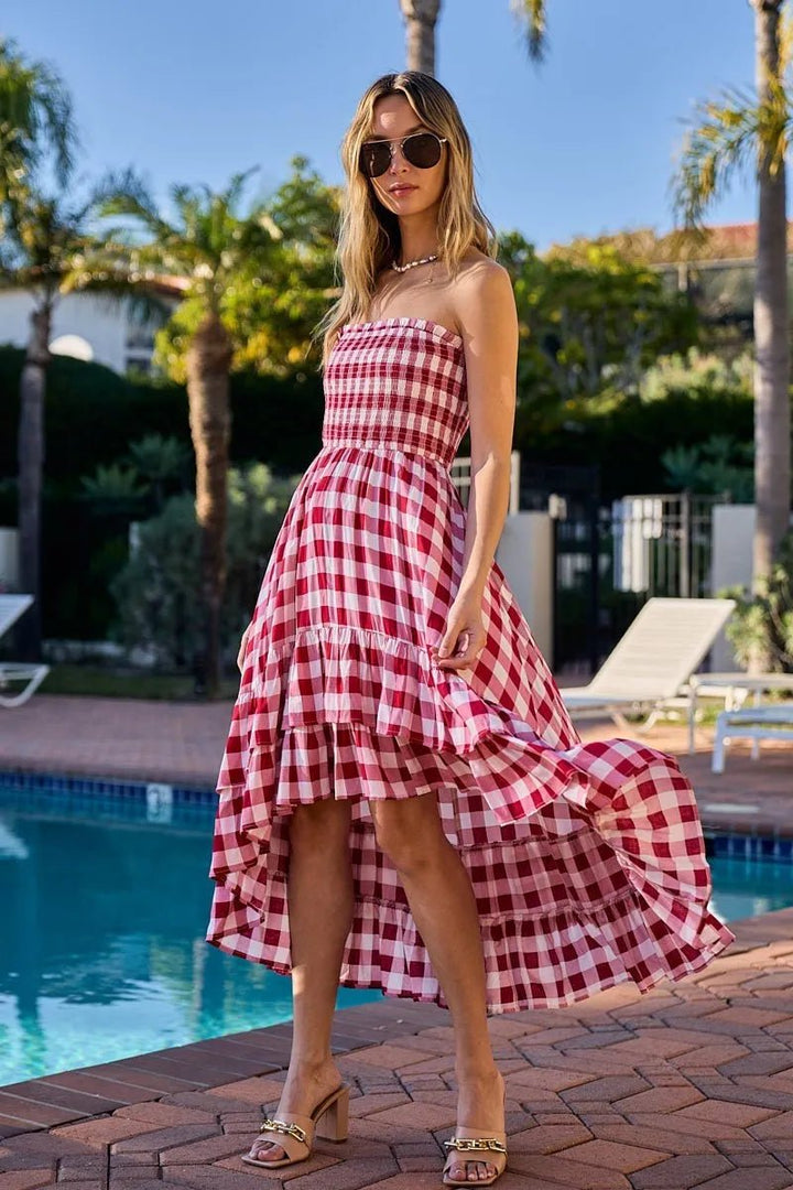 BiBi Smocked Body Off Shoulder Check Dress - VeauBeauty