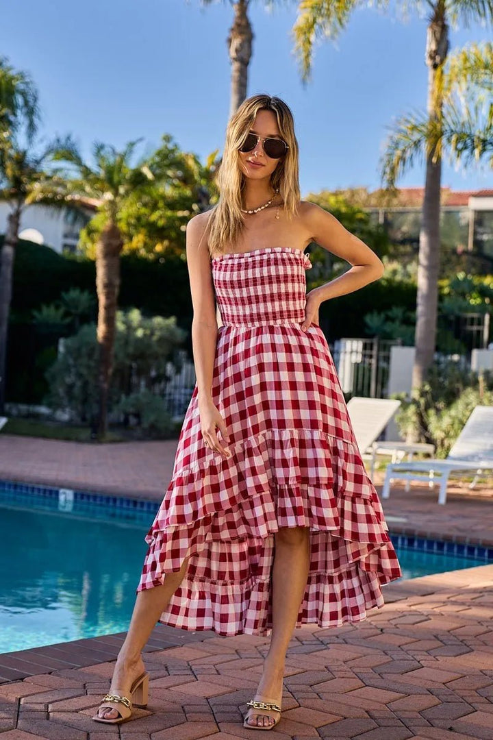 BiBi Smocked Body Off Shoulder Check Dress - VeauBeauty