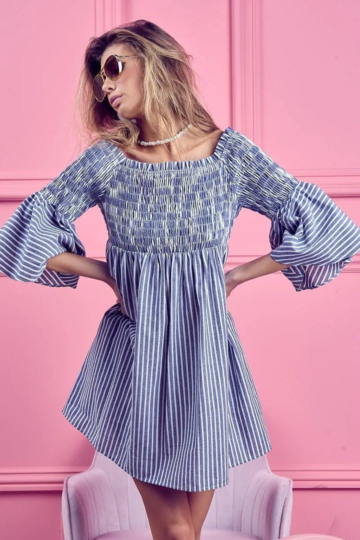 BiBi Smocked Off Shoulder Striped Dress - VeauBeauty