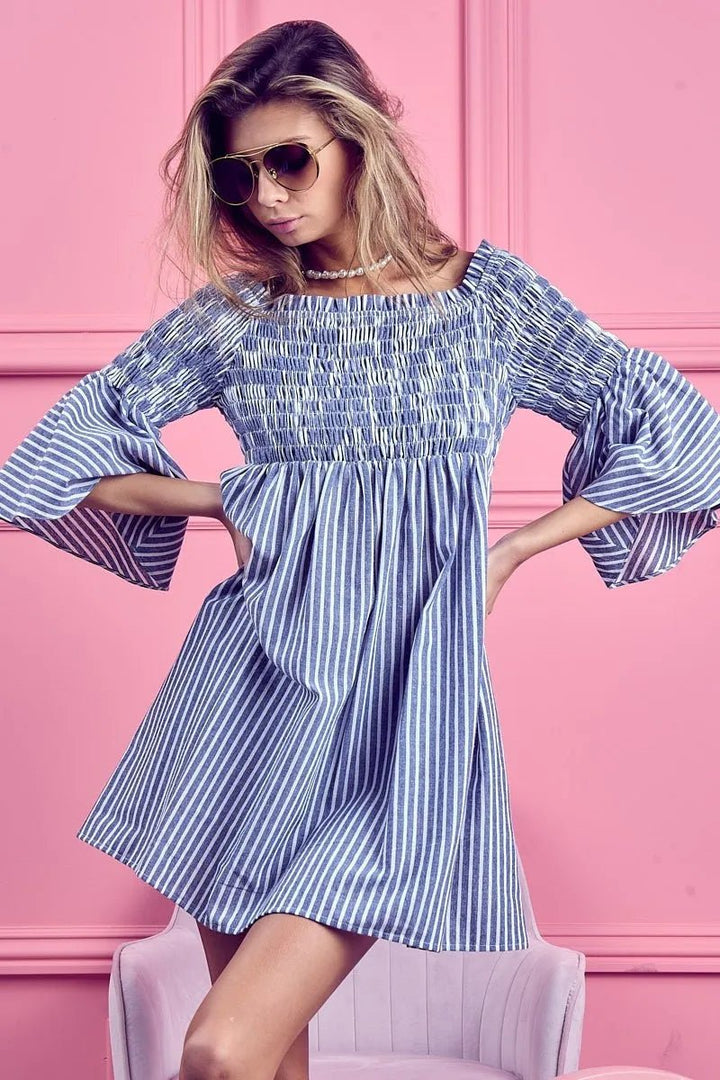 BiBi Smocked Off Shoulder Striped Dress - VeauBeauty
