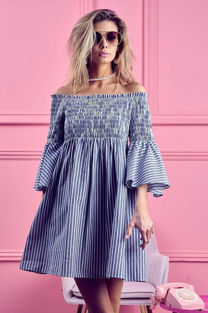 BiBi Smocked Off Shoulder Striped Dress - VeauBeauty