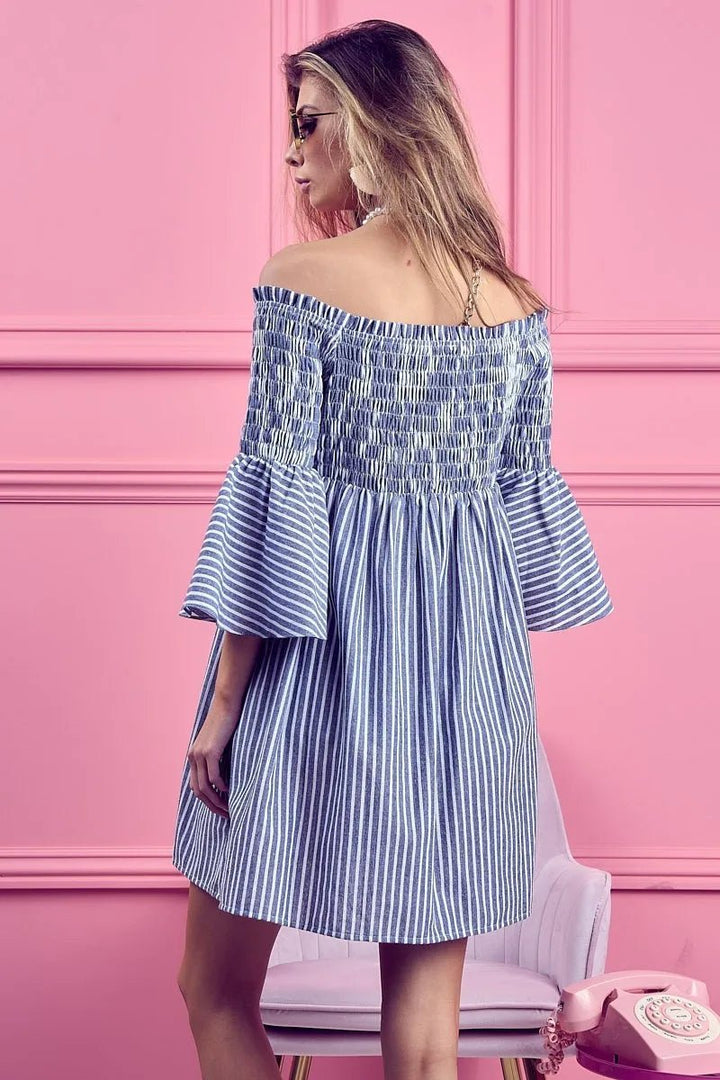 BiBi Smocked Off Shoulder Striped Dress - VeauBeauty