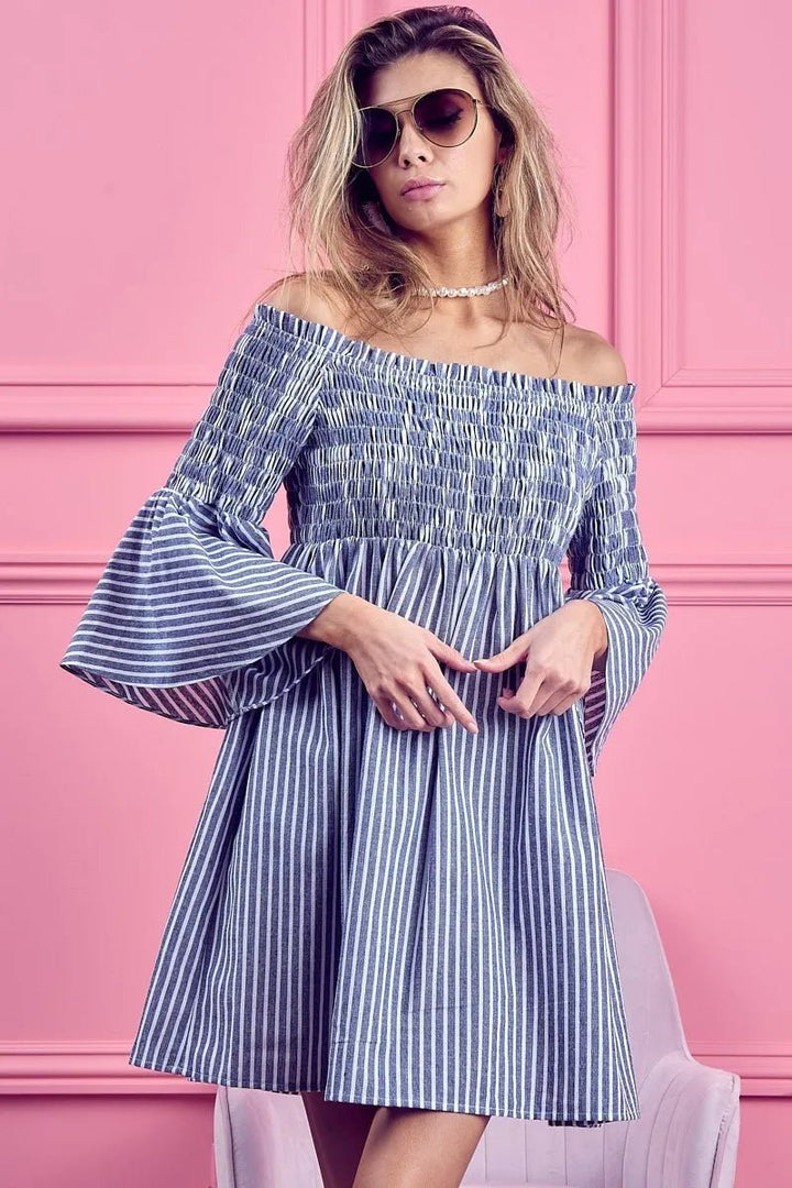 BiBi Smocked Off Shoulder Striped Dress - VeauBeauty