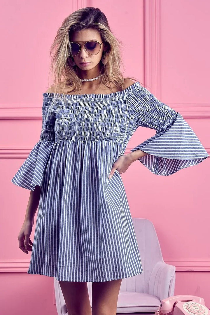 BiBi Smocked Off Shoulder Striped Dress - VeauBeauty
