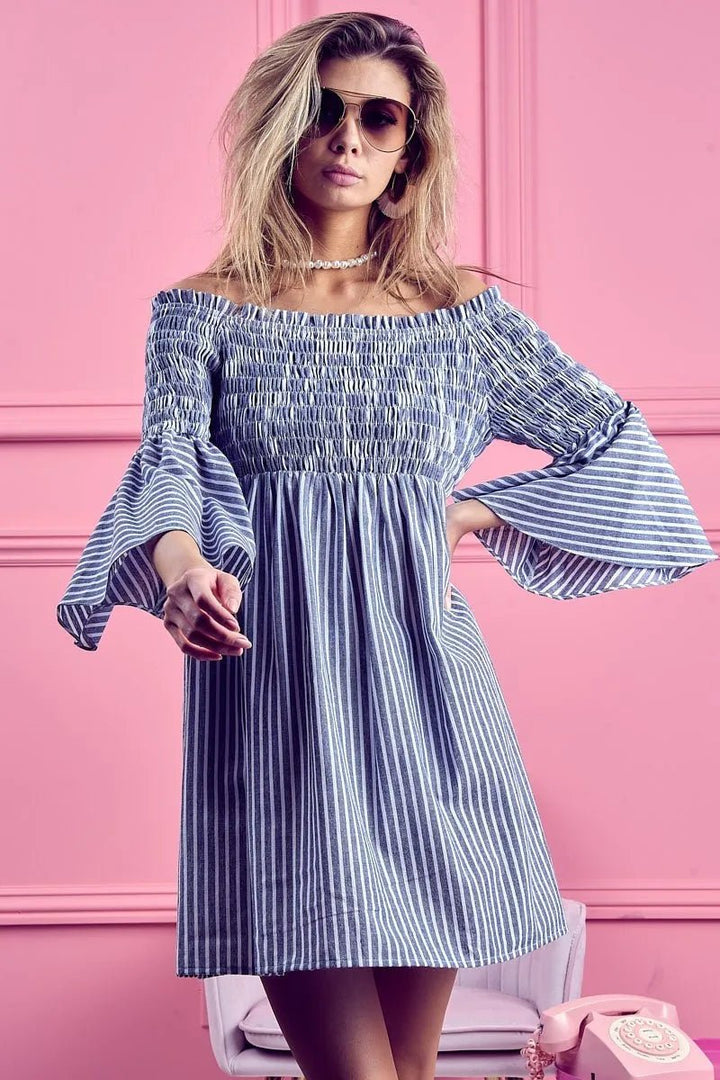 BiBi Smocked Off Shoulder Striped Dress - VeauBeauty