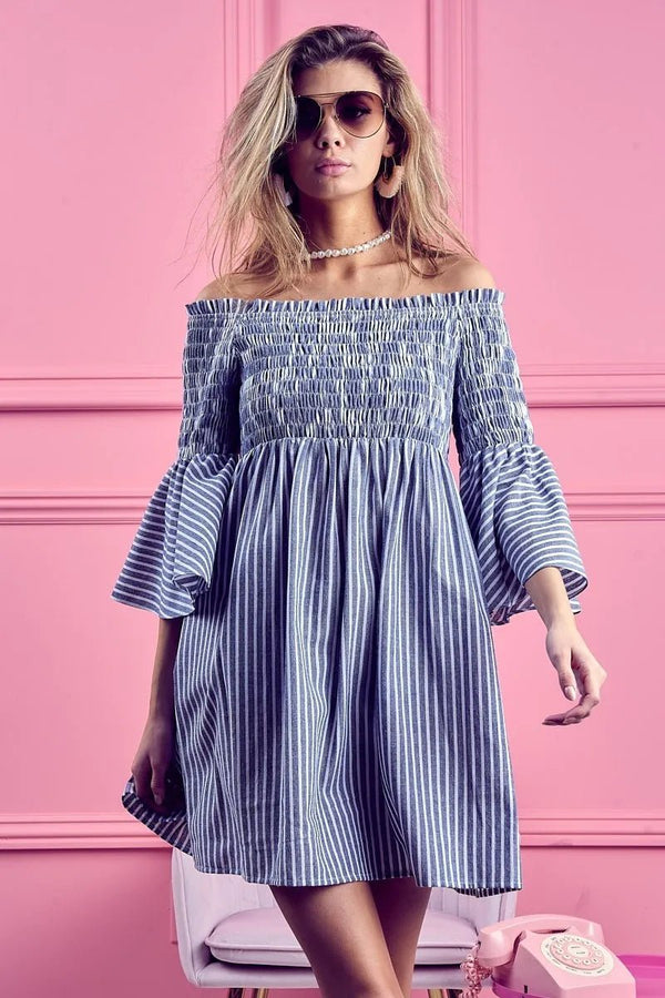 BiBi Smocked Off Shoulder Striped Dress - VeauBeauty