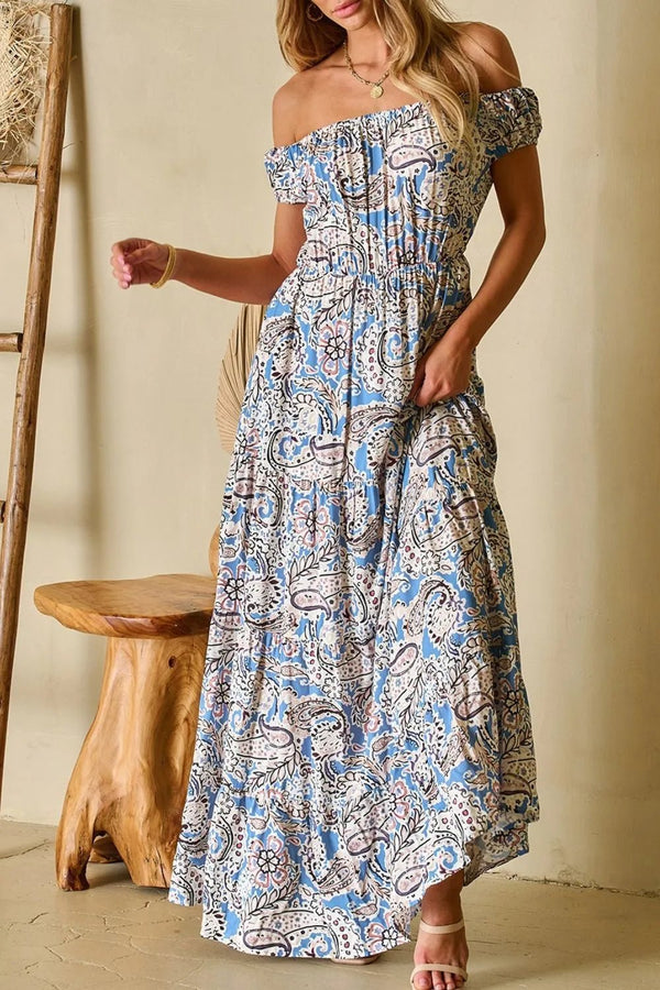 Boho Paisley Print Off Shoulder Maxi Dress - VeauBeauty