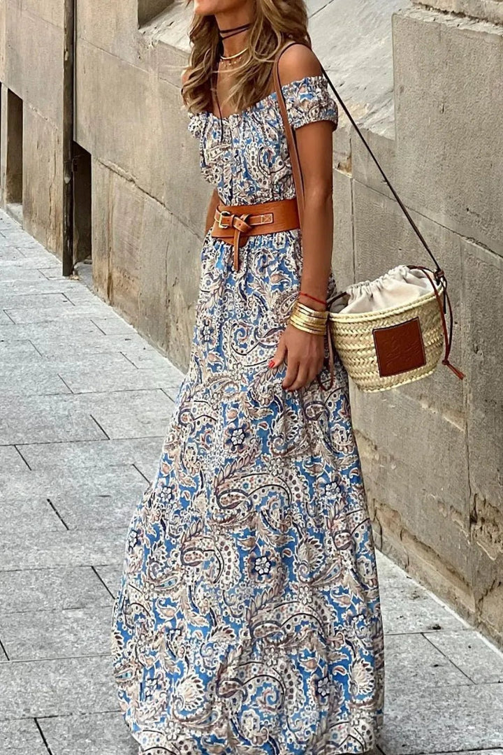 Boho Paisley Print Off Shoulder Maxi Dress - VeauBeauty