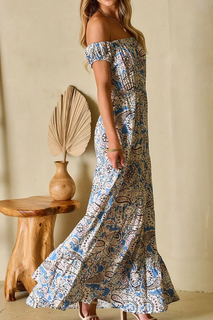 Boho Paisley Print Off Shoulder Maxi Dress - VeauBeauty