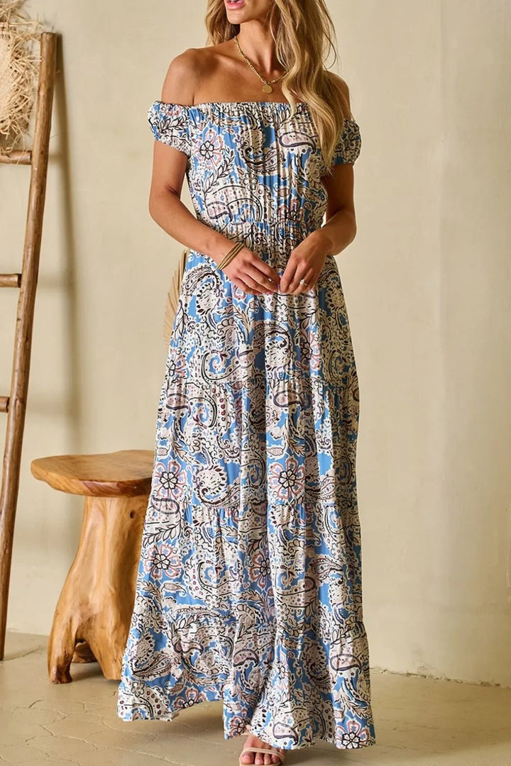 Boho Paisley Print Off Shoulder Maxi Dress - VeauBeauty