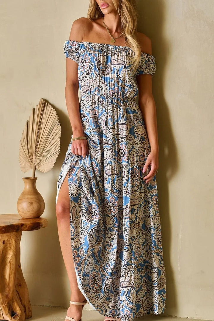Boho Paisley Print Off Shoulder Maxi Dress - VeauBeauty