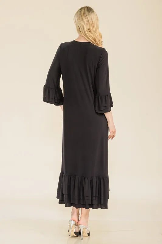 Celeste Full Size Modest Midi Dress with 3/4 Ruffle Bell Sleeves Plus Size - VeauBeauty