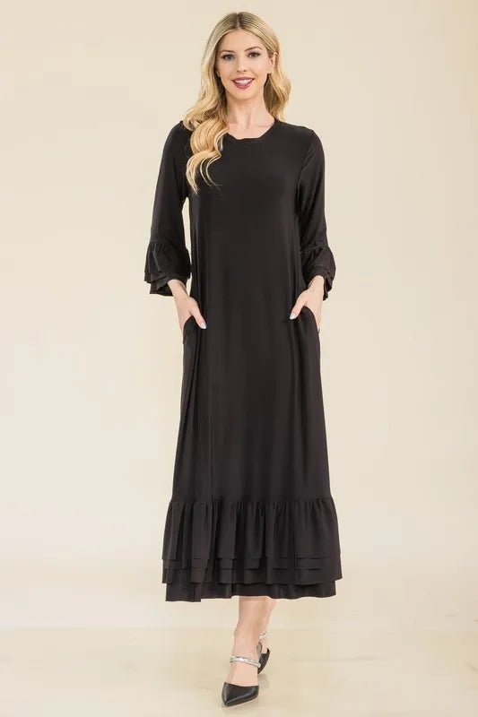 Celeste Full Size Modest Midi Dress with 3/4 Ruffle Bell Sleeves Plus Size - VeauBeauty