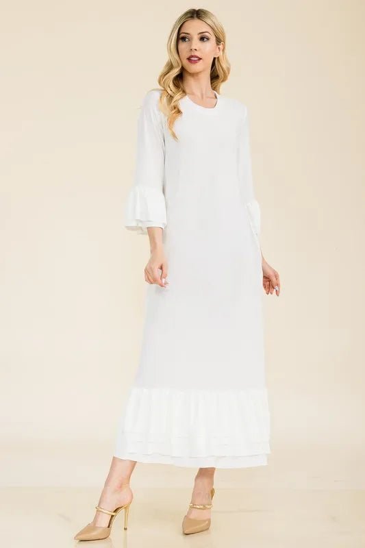 Celeste Full Size Modest Midi Dress with 3/4 Ruffle Bell Sleeves Plus Size - VeauBeauty