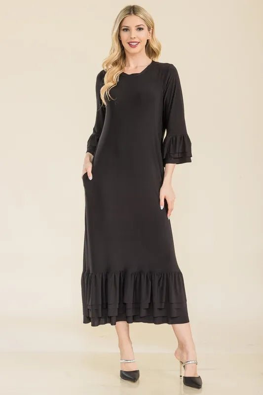Celeste Full Size Modest Midi Dress with 3/4 Ruffle Bell Sleeves Plus Size - VeauBeauty