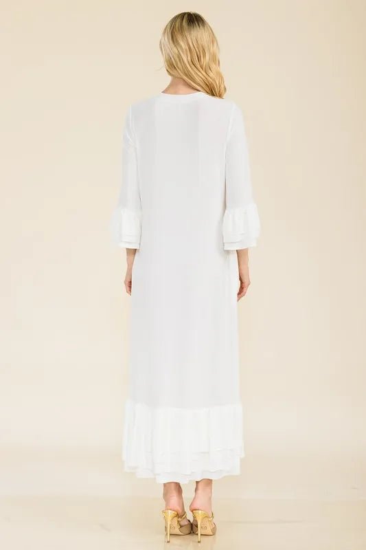Celeste Full Size Modest Midi Dress with 3/4 Ruffle Bell Sleeves Plus Size - VeauBeauty